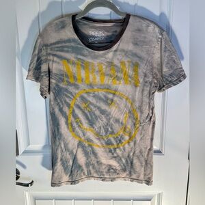 Women’s Medium Custom Bleach Dye Nirvana Smiley Face Tee Gray